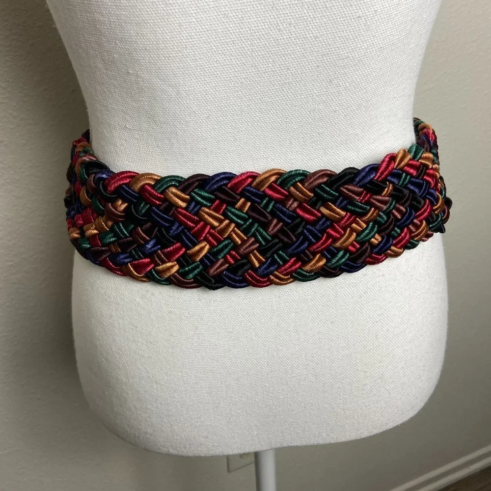 Vintage 80s/90s Wide Braided Belt Leather & Rayon Stretchy Size M